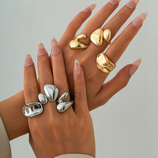 Conjunto com 3 ou 7 Anéis Abertos – Liga Metálica com Design Retrô e Estilo Criativo | Ajustáveis, Exagerados e Minimalistas