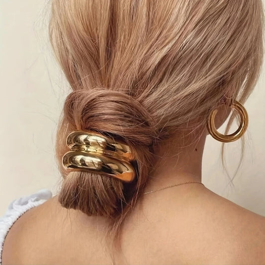 Conjunto de 3 peças de cordão de cabelo oco em liga dourada, design elegante e minimalista com detalhe de renda