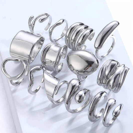 Conjunto de 14 Anéis Elegantes e Exagerados com Abertura Irregular Fosca